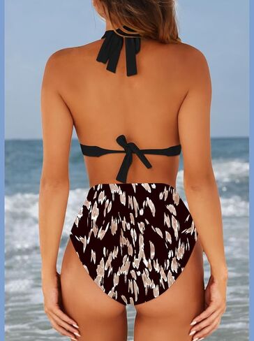 ملابس السباحة النسائية المثيرة ذات الخصر العالي 2 قطعة بيكيني هالتر مطبوع لباس السباحة in Kuwait