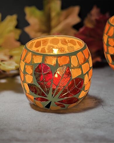 SHMILMH Fall Votive Candle Holder Set of 4, Mosaic Glass tealight Holders with Maple Leave for Halloween Thanksgiving Party Decorations in Saudi Arabia