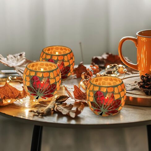 SHMILMH Fall Votive Candle Holder Set of 4, Mosaic Glass tealight Holders with Maple Leave for Halloween Thanksgiving Party Decorations in Saudi Arabia