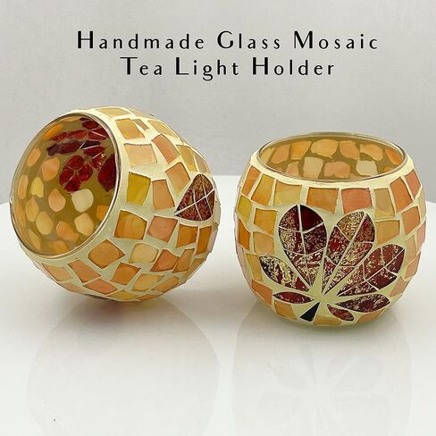SHMILMH Fall Votive Candle Holder Set of 4, Mosaic Glass tealight Holders with Maple Leave for Halloween Thanksgiving Party Decorations in Saudi Arabia