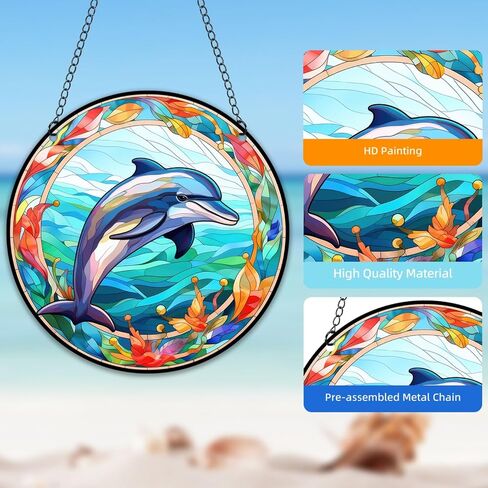الدلافين الأعشاب البحرية نافذة الشنق الاكريليك البحر الحيوان suncatcher لوحات الزجاج الملون جدار ديكور للداخلية، هدية مثالية لمنزل جديد ديكور المنزل لأمي الجدة زوجة المعلم in Saudi Arabia