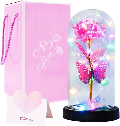 هدايا وردة عيد الأم للأم من ابنتها، زهرة صناعية ملونة وردية على شكل فراشة وردية على شكل جالاكسي هدية مع ديكور LED في قبة زجاجية، أفضل الهدايا إلى الأبد لذكرى عيد الأم الأم in Kuwait