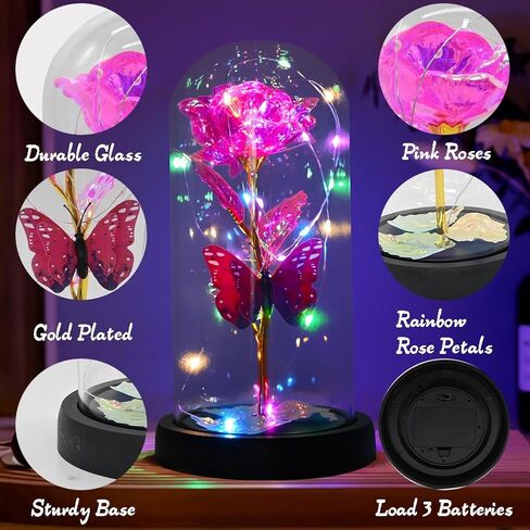 هدايا وردة عيد الأم للأم من ابنتها، زهرة صناعية ملونة وردية على شكل فراشة وردية على شكل جالاكسي هدية مع ديكور LED في قبة زجاجية، أفضل الهدايا إلى الأبد لذكرى عيد الأم الأم in Kuwait