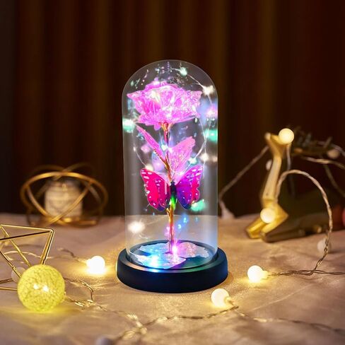 هدايا وردة عيد الأم للأم من ابنتها، زهرة صناعية ملونة وردية على شكل فراشة وردية على شكل جالاكسي هدية مع ديكور LED في قبة زجاجية، أفضل الهدايا إلى الأبد لذكرى عيد الأم الأم in Kuwait