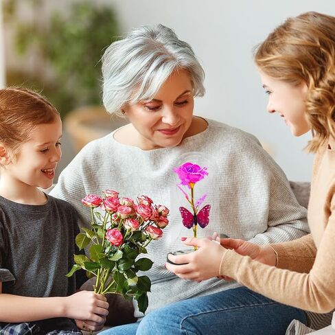 هدايا وردة عيد الأم للأم من ابنتها، زهرة صناعية ملونة وردية على شكل فراشة وردية على شكل جالاكسي هدية مع ديكور LED في قبة زجاجية، أفضل الهدايا إلى الأبد لذكرى عيد الأم الأم in Kuwait