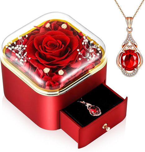 Preserved Rose with Necklace Real Foever Flowers Eternal Love Gifts for Girlfriend Wife Mom Grandma on Valentine's Day, Mother's Day, Christmas, Birthday, Thanksgiving, Wedding Red Box-Red water drop in Saudi Arabia