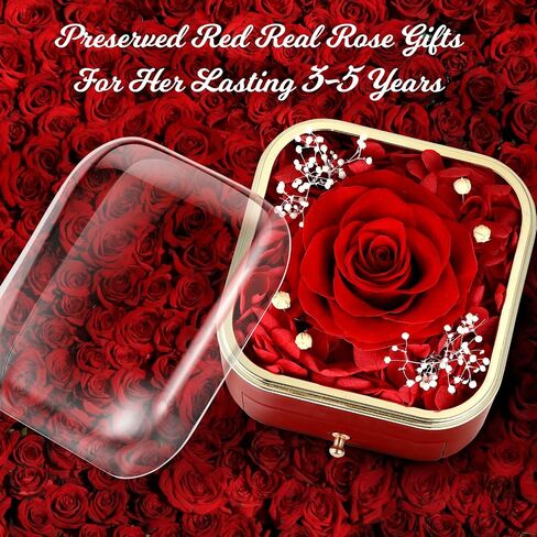 Preserved Rose with Necklace Real Foever Flowers Eternal Love Gifts for Girlfriend Wife Mom Grandma on Valentine's Day, Mother's Day, Christmas, Birthday, Thanksgiving, Wedding Red Box-Red water drop in Saudi Arabia
