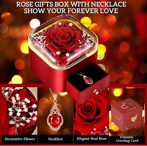 Preserved Rose with Necklace Real Foever Flowers Eternal Love Gifts for Girlfriend Wife Mom Grandma on Valentine's Day, Mother's Day, Christmas, Birthday, Thanksgiving, Wedding Red Box-Red water drop in Saudi Arabia