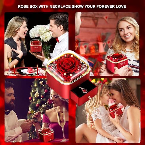 Preserved Rose with Necklace Real Foever Flowers Eternal Love Gifts for Girlfriend Wife Mom Grandma on Valentine's Day, Mother's Day, Christmas, Birthday, Thanksgiving, Wedding Red Box-Red water drop in Saudi Arabia