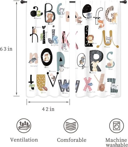Riyidecor Kids ABC تعلم الأبجدية الستائر الكرتون الحيوان أدوات الدراسة التعليمية لطيف ملون مضحك قضيب جيب للفتيات الفتيان الأطفال غرفة نوم غرفة المعيشة العلاج النسيج 2 لوحات 42Wx63H بوصة in Kuwait