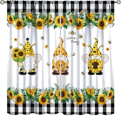 Gnome Blackout Curtains, Farm Bee Sunflower Black and White Buffalo Plaid Rod Pocket Curtains for Kids Boys Girls Bedroom Living Room, 2 Panel Set, 42x45 Inch in Saudi Arabia