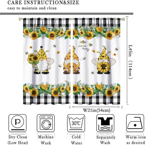 Gnome Blackout Curtains, Farm Bee Sunflower Black and White Buffalo Plaid Rod Pocket Curtains for Kids Boys Girls Bedroom Living Room, 2 Panel Set, 42x45 Inch in Saudi Arabia