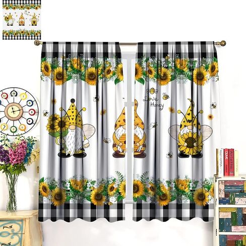 Gnome Blackout Curtains, Farm Bee Sunflower Black and White Buffalo Plaid Rod Pocket Curtains for Kids Boys Girls Bedroom Living Room, 2 Panel Set, 42x45 Inch in Saudi Arabia