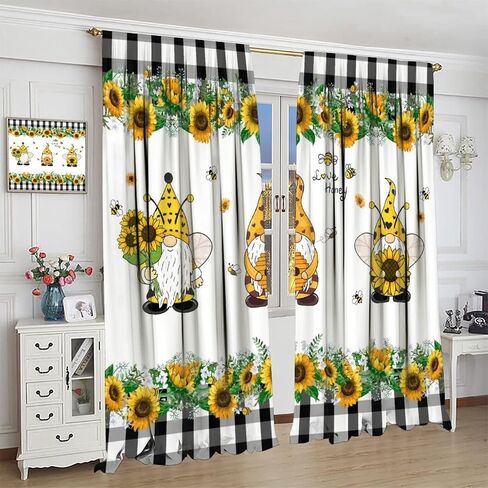 Gnome Blackout Curtains, Farm Bee Sunflower Black and White Buffalo Plaid Rod Pocket Curtains for Kids Boys Girls Bedroom Living Room, 2 Panel Set, 42x45 Inch in Saudi Arabia
