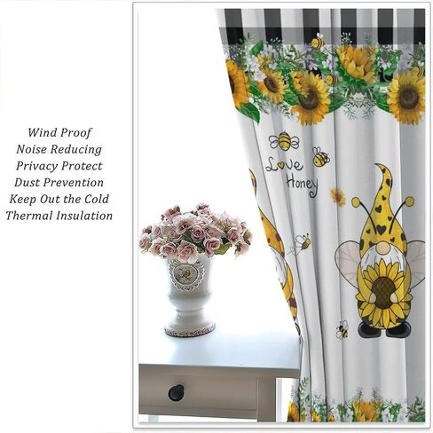 Gnome Blackout Curtains, Farm Bee Sunflower Black and White Buffalo Plaid Rod Pocket Curtains for Kids Boys Girls Bedroom Living Room, 2 Panel Set, 42x45 Inch in Saudi Arabia