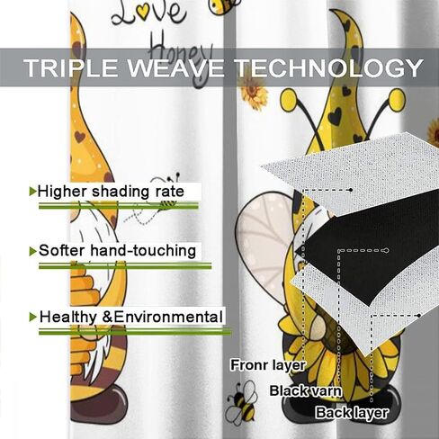 Gnome Blackout Curtains, Farm Bee Sunflower Black and White Buffalo Plaid Rod Pocket Curtains for Kids Boys Girls Bedroom Living Room, 2 Panel Set, 42x45 Inch in Saudi Arabia