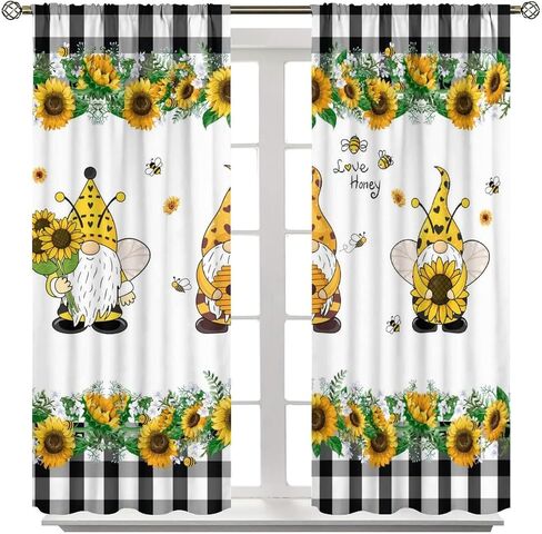Gnome Blackout Curtains, Farm Bee Sunflower Black and White Buffalo Plaid Rod Pocket Curtains for Kids Boys Girls Bedroom Living Room, 2 Panel Set, 42x45 Inch in Saudi Arabia