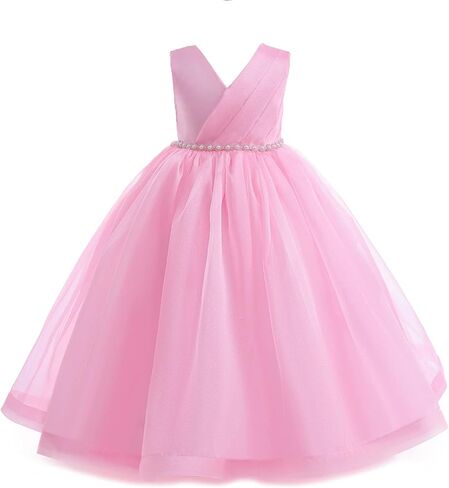 فستان فتاة الزهور من التول والدانتيل اللامع طويل ماكسي لحفلات الزفاف وحفلات أعياد الميلاد وحفلات أعياد الميلاد للأعمار من 3 إلى 14 عامًا in Kuwait