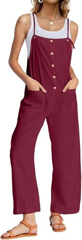 عميق الذاتي النساء وزرة السببية فضفاضة الصيف حللا أكمام السباغيتي الأشرطة زر أسفل مريلة السراويل مع جيوب in Kuwait