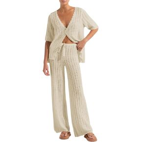 Imily Bela Women's 2 Piece Knit Vacation Outfits Summer Beach Cardigan Top and Drawstring Long Pants Pajama Set Loungewear