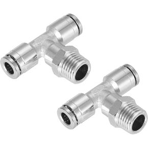 uxcell Tee Push to Connect Tube Fittings 3/8" Tube OD x 1/4" NPT Male Thread Nickle-Plated Brass Union Adapter Fitting, Silver 2Pcs