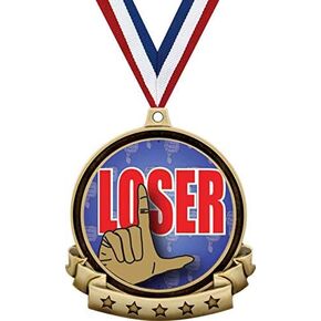 Loser Medals - 2.5" Gold Funny Last Place Medal Award includes Red White and Blue Neck Ribbon, Great Joke Awards Prime