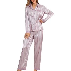 WDIRARA Women's 2 Piece Satin Sleepwear Heart Print Pajama Set Long Sleeve Sleep Shirt and Pants Sets