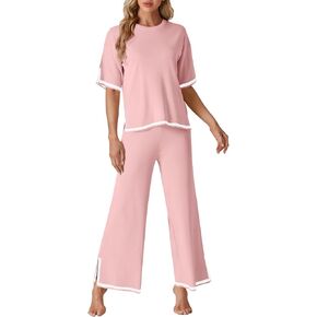Rooscier Women's Lounge Set Short Sleeve Tee Wide Leg Long Pants Pajama Sets