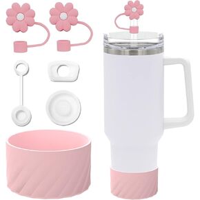 Silicone Boot for Stanley 40 oz Quencher，1Pcs Protective Tumbler Anti-Slip Bottle Bottom Sleeve，2Pcs Flower Straw Covers，3Pcs Silicone Spill Proof Stopper