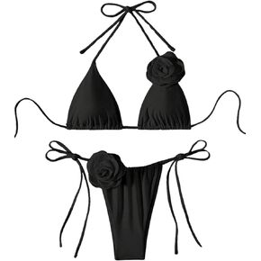 WDIRARA Women's 2 Piece Floral Appliques Swimsuits Halter String Triangle Bikini Set Beach Bathing Suit
