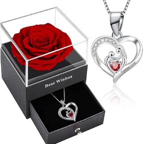 Mothers day gifts for Mum,Real Red Rose Box with Heart Silver Necklace,Eternal Rose with Mother and Baby Garnet Pedant,Crystal Necklace for Mother and Daughter Gifts,Preserved Rose Birthday Gift.