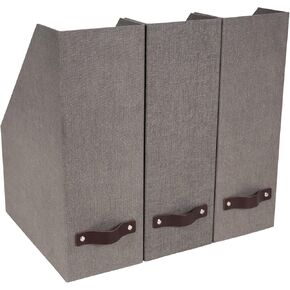 BIGSO BOX OF SWEDEN Estelle Canvas Fiberboard Upright Magazine Storage Box | Holder & Organizer for Papers with Leather Handle | 12.6"x4.5"x9.8" | 3 Pack | Gray