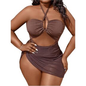 SweatyRocks Women's Plus Size One Piece Swimsuit Criss Cross Cut Out Halter Beachwear with Cover Up Skirt