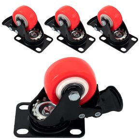 XIKE 4PCS Red 2 inch Casters Load 800lbs with Brake, Advanced Polyurethane (PU) Floor Protection, Noise-Free 360 Degree Swivel Plate Heavy Duty Caster Wheels
