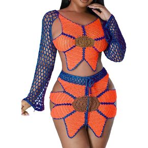 Nihsatin 2 Piece Outfits for Women Sunflower Crochet Long Bell Sleeve Crop Top with Cutout Skirt Set