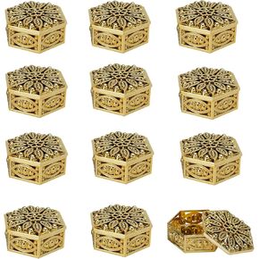 HAN SHENG 12 Pcs Hollow Out Hexagon Candy Boxes Wedding Favor Boxes Candy Storage Boxes Gift Boxes Baking Decoration for Wedding Christmas Birthday Party Decorating Ornament Container (Gold)