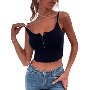 SHENHE Women's Ribbed Knit Half Button Up Spaghetti Strap Sexy Crop Cami Henley Top