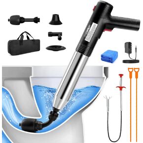 Electric Toilet Plunger, High Pressure Plunger with 1PC Drain Unclogging Sticks and 2Pcs Snake Hair Remover Tools, Heavy Duty Air Plunger Power Blaster for Toilet, Bathroom, Floor(Black)