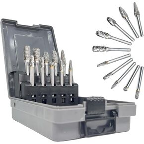 Carbide Rotary Burrs Set with 1/4''Shank 10PC Double Cut Solid Tungsten Carbide Rotary Files Bits for Die Grinder Metal Woodworking Drilling Engraving Polishing Grinding (Advanced Gray)
