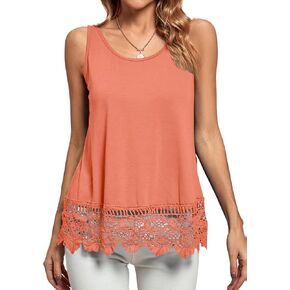 LYANER Women's Lace Hem Boat Neck Sleeveless Swing Trim Loose Tank Tops Blouse