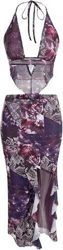 Verdusa Women's 2 Piece Set Tie Dye Backless Halter Tie Back Top Split Thigh Skirt in Kuwait