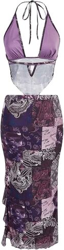 Verdusa Women's 2 Piece Set Tie Dye Backless Halter Tie Back Top Split Thigh Skirt in Kuwait