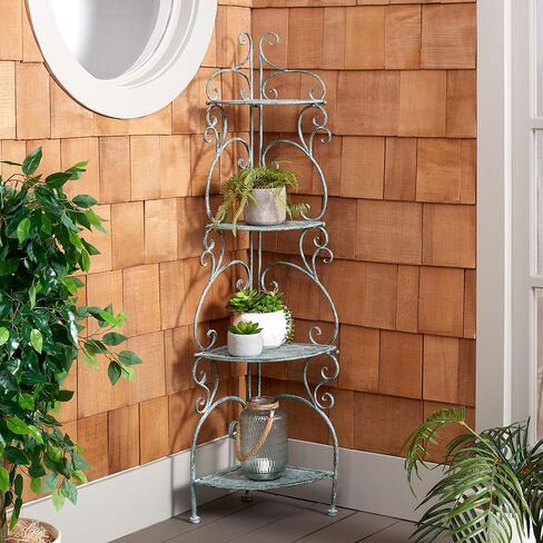 SAFAVIEH Outdoor Collection Turuca Antique Dark Green Wrought Iron 4-Tier Corner Shelf (Fully Assembled) in Saudi Arabia