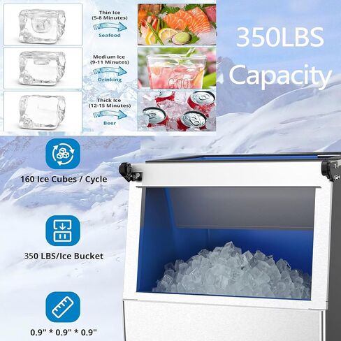 Commercial Ice Maker Machine - 350LBS/24H, 220LBS Capacity, Stainless Steel, Self-Cleaning, Efficient & Energy-Saving, Powerful Ice Making in Saudi Arabia