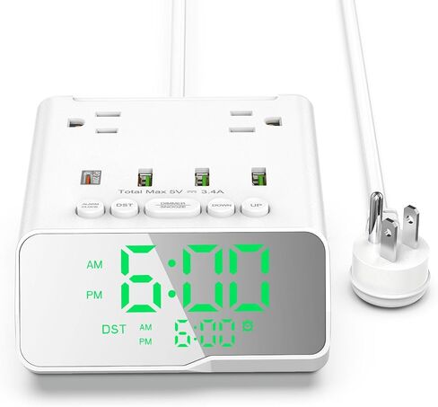 Kungfuking Electronic Alarm Clock with USB Power Strip, PD 20W Alarm Clock Charging Station with 4 USB Max 3.4A/Port and 2 Outlets, 1700J Surge Protection Desk Outlet for Travel, Home, Hotel in Saudi Arabia