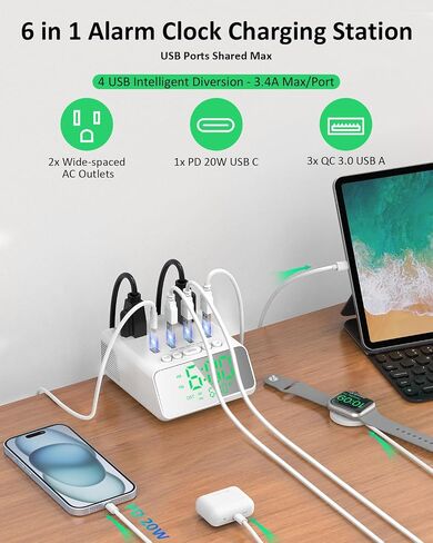 Kungfuking Electronic Alarm Clock with USB Power Strip, PD 20W Alarm Clock Charging Station with 4 USB Max 3.4A/Port and 2 Outlets, 1700J Surge Protection Desk Outlet for Travel, Home, Hotel in Saudi Arabia