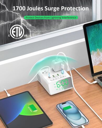 Kungfuking Electronic Alarm Clock with USB Power Strip, PD 20W Alarm Clock Charging Station with 4 USB Max 3.4A/Port and 2 Outlets, 1700J Surge Protection Desk Outlet for Travel, Home, Hotel in Saudi Arabia