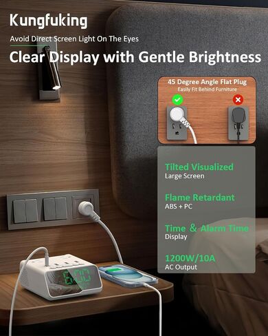 Kungfuking Electronic Alarm Clock with USB Power Strip, PD 20W Alarm Clock Charging Station with 4 USB Max 3.4A/Port and 2 Outlets, 1700J Surge Protection Desk Outlet for Travel, Home, Hotel in Saudi Arabia
