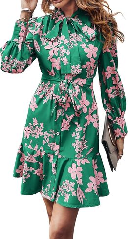 MakeMeChic Women's Floral Long Sleeve Tie Neck Button Front Ruffle Hem Short Dress with Belt in Saudi Arabia