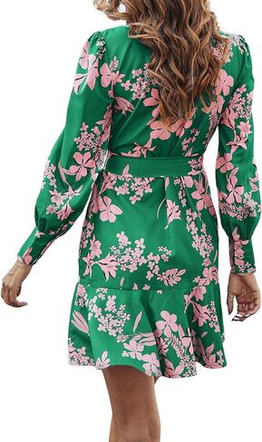 MakeMeChic Women's Floral Long Sleeve Tie Neck Button Front Ruffle Hem Short Dress with Belt in Saudi Arabia